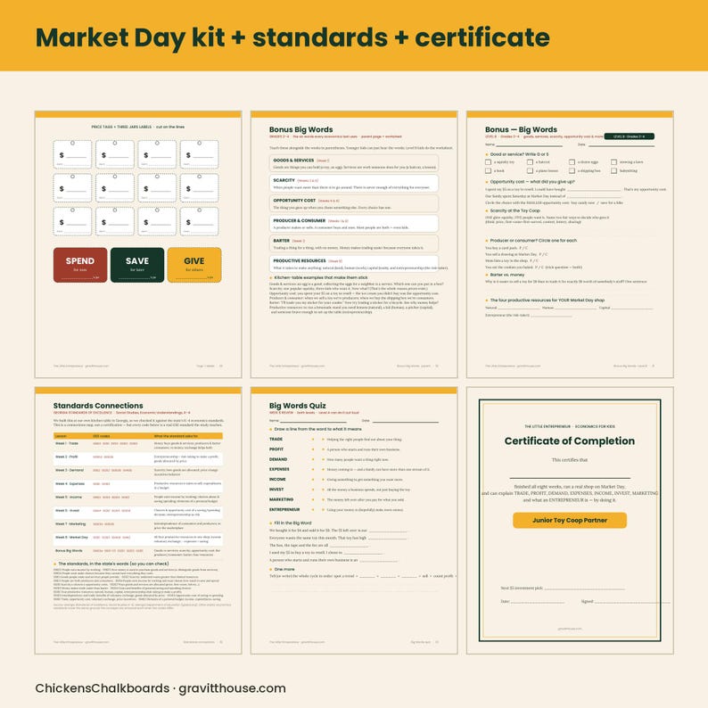 Puede incluir: Un kit educativo de seis p&aacute;ginas para el Market Day que incluye hojas de trabajo, listas de vocabulario y un certificado de finalizaci&oacute;n. Las p&aacute;ginas contienen etiquetas de precios, definiciones econ&oacute;micas y un cuestionario.
