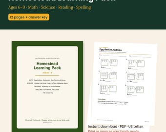 Paquete de aprendizaje sobre la vida en la granja / Hojas de trabajo de matemáticas, ciencias, lectura y ortografía (6-9 años)