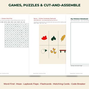 May include: A printable activity set titled Games, Puzzles & Cut-and-Assemble featuring a Chicken Word Find grid, a page of Chicken Vocabulary Flashcards with colorful illustrations, and a My Chicken Notebook page for week three writing.