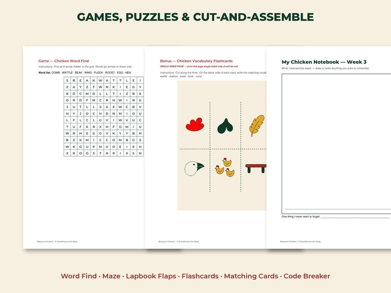 May include: A printable activity set titled Games, Puzzles & Cut-and-Assemble featuring a Chicken Word Find grid, a page of Chicken Vocabulary Flashcards with colorful illustrations, and a My Chicken Notebook page for week three writing.