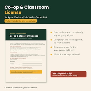 May include: A Co-op & Classroom License document for a Backyard Chickens Unit Study for grades K-4, covering up to 30 students for one school year. The document includes sections on what the license covers, what it does not, and a fill-in page.