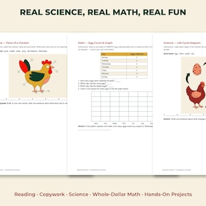 May include: Three educational worksheets titled Real Science, Real Math, Real Fun. The pages feature a chicken anatomy diagram, an egg collection data table with a blank bar graph, and a chicken life cycle diagram with illustrations of a hen.