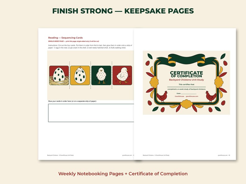 May include: Two educational pages titled FINISH STRONG &mdash; KEEPSAKE PAGES. The left page features Reading Sequencing Cards with four illustrations of a chicken life cycle and a blank box. The right page is a Certificate of Completion for a Backyard Chickens Unit Study with red chicken illustrations and a decorative border.