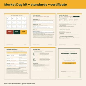 May include: A six-page educational Market Day kit featuring worksheets, vocabulary lists, and a Certificate of Completion. The pages include price tags, economic definitions, a quiz, and standards connections for students to learn business concepts.