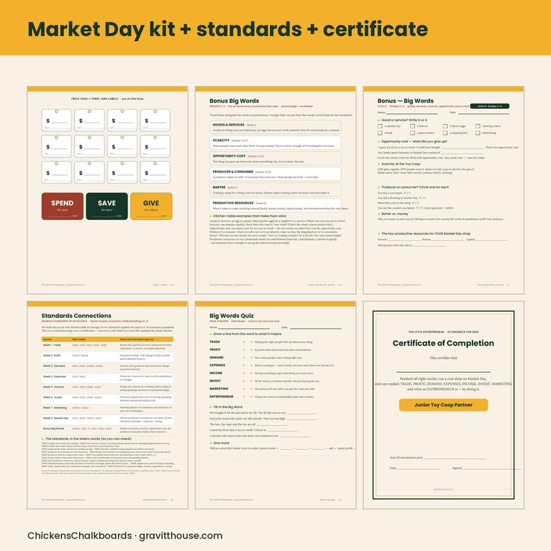 May include: A six-page educational Market Day kit featuring worksheets, vocabulary lists, and a Certificate of Completion. The pages include price tags, economic definitions, a quiz, and standards connections for students to learn business concepts.