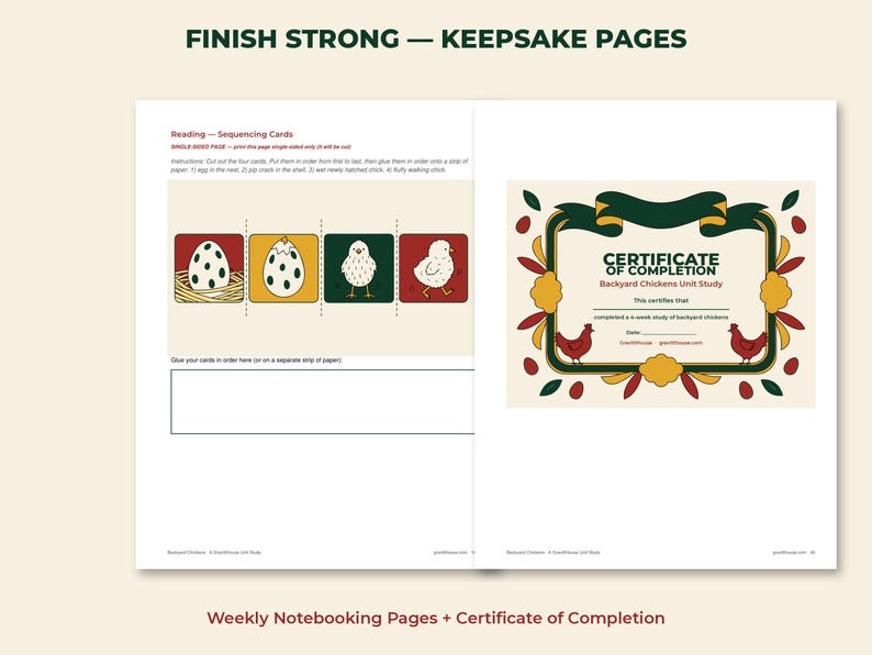 May include: Two educational pages titled FINISH STRONG &mdash; KEEPSAKE PAGES. The left page features Reading Sequencing Cards with four illustrations of a chicken life cycle and a blank box. The right page is a Certificate of Completion for a Backyard Chickens Unit Study with red chicken illustrations and a decorative border.