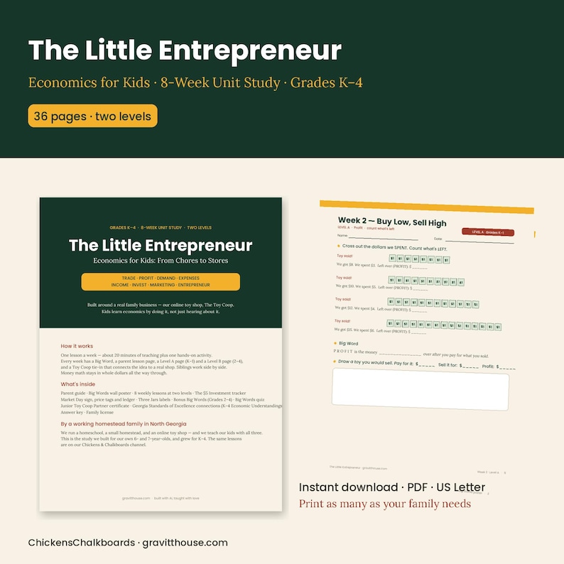 May include: A 36-page educational unit study titled The Little Entrepreneur: Economics for Kids, featuring an 8-week curriculum for grades K-4. The document includes a cover page with lesson details and a Week 2 worksheet titled Buy Low, Sell High.