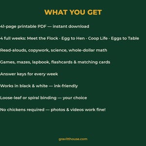 May include: A dark green informational graphic titled WHAT YOU GET, listing features of a 41-page printable PDF curriculum about chickens, including read-alouds, math, games, and answer keys, with the website gravitthouse.com at the bottom.