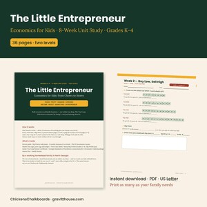 Puede incluir: Una unidad de estudio educativa de 36 p&aacute;ginas titulada The Little Entrepreneur: Economics for Kids, con un plan de estudios de 8 semanas para los grados K-4. El documento incluye una portada con detalles y una hoja de trabajo Week 2: Buy Low, Sell High.