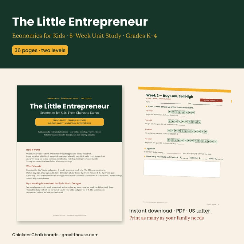 Puede incluir: Una unidad de estudio educativa de 36 p&aacute;ginas titulada The Little Entrepreneur: Economics for Kids, con un plan de estudios de 8 semanas para los grados K-4. El documento incluye una portada con detalles y una hoja de trabajo Week 2: Buy Low, Sell High.