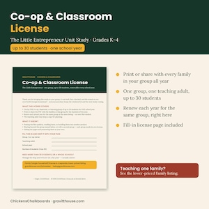 Puede incluir: Un documento de licencia para cooperativas y aulas para el estudio The Little Entrepreneur, grados K-4. El documento describe los t&eacute;rminos para hasta 30 estudiantes por un a&ntilde;o escolar, incluyendo una secci&oacute;n para completar detalles del grupo.