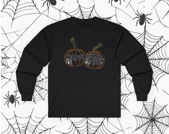 Unisex Hand-Sketched Pumpkin Long Sleeve Tee | Spooky Halloween Shirt (DTG Printed)