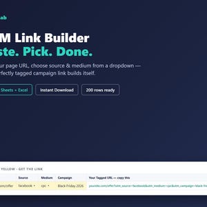 May include: A dark blue digital interface for a MetricLab UTM Link Builder. Text reads: UTM Link Builder, Paste. Pick. Done. Features buttons for Google Sheets + Excel, Instant Download, and 200 rows ready. Includes a table for URL tagging.