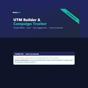 May include: A digital graphic for a UTM Builder & Campaign Tracker by MetricLab. The text reads: UTM Builder & Campaign Tracker, Google Sheets + Excel, Auto-tagged links, Instant Download, FOR MARKETERS. A box shows a tagged URL example.