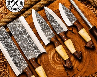 Handmade Damascus Chef Knife Set: Camel Bone & Wood Handle, D2 Steel, True Damascus Chef Set Anniversary Gift, Groomsmen Gift, Chef Set