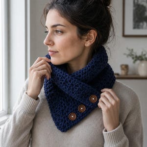 May include: A dark navy blue crochet cowl scarf featuring a textured knit pattern and three round brown wooden buttons arranged in a vertical line along the front edge. The cowl is worn around the neck over a light beige long-sleeved sweater.