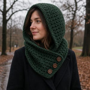 May include: A dark forest green crochet hooded cowl featuring a textured stitch pattern and three round brown buttons fastened along the front edge. The hood is integrated into the cowl design, providing full coverage around the neck and head.