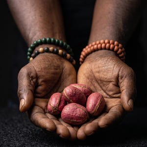Puede incluir: Un grupo de cinco nueces de cola crudas con una cáscara texturizada de color marrón rojizo, sostenidas en palmas ahuecadas. Las nueces tienen una costura longitudinal distintiva en sus cuerpos ovalados, mostrando un acabado natural, fibroso y mate.