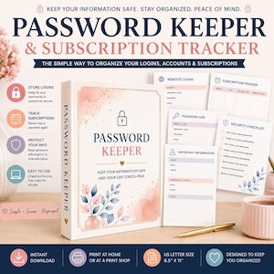 Printable Password Keeper | Digital Life Binder PDF | Password Log | Subscription Tracker | Security Checklist