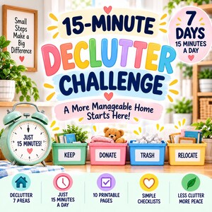 15 Minute Declutter Challenge Printable | 7 Day Home Decluttering Challenge | Home Organization Checklist | Cleaning & Declutter Planner