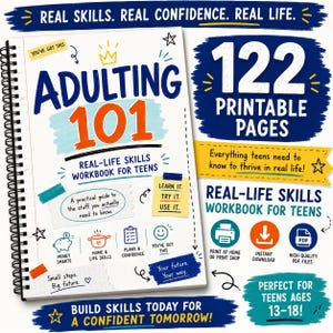 Puede incluir: Un cuaderno de ejercicios con encuadernación en espiral titulado Adulting 101: Real-Life Skills Workbook for Teens, que contiene 122 páginas imprimibles. La portada incluye texto colorido e iconos sobre dinero, habilidades domésticas y confianza.