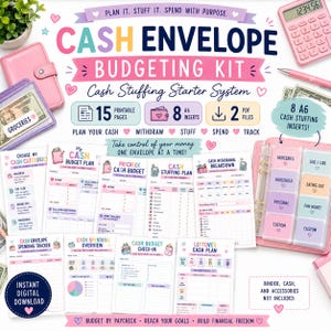 Könnte beinhalten: Ein Budgetierungs-Set mit Umschlägen, bestehend aus 15 druckbaren Seiten, 8 A6-Einlagen und 2 PDF-Dateien. Das Set enthält verschiedene Budgetplanungsblätter, einen Ausgaben-Tracker und einen Plan für Bargeldeinlagen in Pastellfarben.