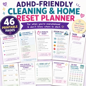 Op de afbeelding: Een digitale ADHD-vriendelijke schoonmaak- en opruimplanner met 46 printbare pagina's. De lay-out bevat kleurrijke koppen, checklists en secties zoals het Low Energy Cleaning Menu, 5-Minute Reset, Doom Pile Rescue en een 30-daagse uitdaging.