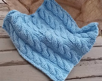 Mini Soft Blue Hand Knit Cable Photography Prop Blanket