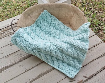 Soft Green Hand Knit Cable Photography Prop Blanket