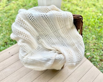 Cream Eyelet Hand Knit Baby Blanket For Boys and Girls