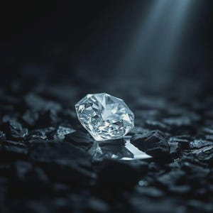 Op de afbeelding: Een heldere, veelzijdige edelsteen met een briljant slijpvorm, rustend tussen donkere, grillige, op houtskool lijkende stenen. De edelsteen reflecteert licht, wat scherpe geometrische patronen en interne lichtbrekingen creëert.