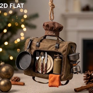 May include: A brown canvas bag hanging from a rope, featuring a chef hat on top with the name Olivia embroidered. The bag contains a small frying pan, a fork, a spoon, a knife, two plates, a fuel canister, and a portable stove, with an orange cloth.