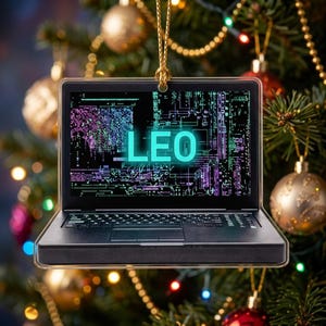 May include: A flat, rectangular ornament shaped like an open laptop computer. The screen displays a digital circuit board pattern in shades of purple, blue, and green with the name LEO printed in large, bright cyan capital letters.