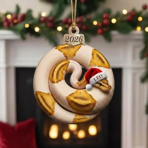Personalized Cute Ball Python in Santa Hat 2d flat Ornament Acrylic for Christmas Tree Decor Reptile Lover Gift
