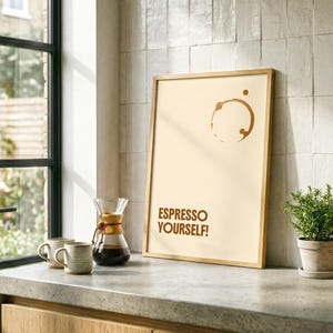 Espresso Yourself Funny Coffee Stain Quote Print, Minimalist Kitchen Barista Wall Decor Sign, Cafe Housewarming Gift, Digital Download