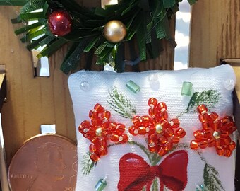 Tiny Red Flowers Miniature Dollhouse Pillow