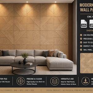 May include: A digital download for a modern geometric wall panel design, featuring CNC router files in SVG, EPS, DXF, and PDF formats. The image displays a light brown wooden wall panel with intricate linear patterns installed behind a beige sofa.