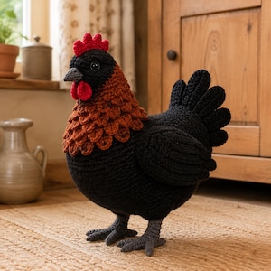 May include: A crocheted chicken figurine featuring a black body, wings, and tail, with a textured rust-coloured neck area. It has a bright red comb and wattle, a dark grey beak, and dark grey feet. The eyes are small, round, and black.