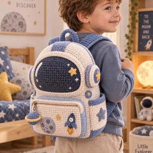 May include: A crochet backpack shaped like an astronaut helmet in cream and navy blue. The bag features a dark blue visor, side ear pieces, and a front pocket decorated with a small rocket, a moon, a star, and a dangling planet zipper pull.
