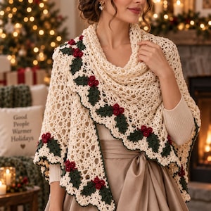 Pode incluir: Um xale de crochê na cor creme com um intrincado padrão rendado e uma borda decorativa de folhas de azevinho de crochê verde-escuras, combinadas com grupos de três pequenas bagas redondas de cor vermelho-brilhante ao longo da borda festonada.