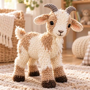 May include: A crochet goat plush toy featuring a cream and light brown body, dark brown hooves, and grey horns. The goat has large black eyes, a small stitched nose and mouth, and a short beard. The texture is made of visible yarn stitches.