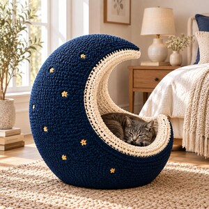 May include: A crescent moon-shaped cat bed crocheted from dark navy blue yarn with small yellow star accents. The interior is lined with cream-colored yarn, and a grey tabby cat is curled up inside the structure resting on the base.