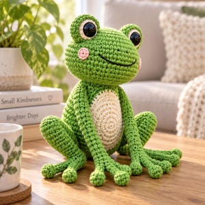 May include: A green crochet frog plush toy with large black eyes, a cream-colored belly, and pink circular cheeks. The frog is seated in an upright position with long, articulated limbs and detailed webbed feet, crafted from textured yarn.