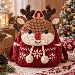 Puede incluir: Una mochila de ganchillo con forma de reno, que presenta una cabeza marrón con astas de color marrón oscuro, un hocico color crema y una nariz de botón roja. El cuerpo es rojo con patrones de copos de nieve blancos y dos pompones blancos.