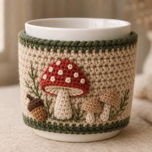 Può includere: Un copritazza all'uncinetto color beige con un grande fungo rosso a pois bianchi, due funghi marroni più piccoli e una ghianda marrone. Il copritazza presenta un bordo verde scuro in alto e in basso, con rametti verdi ricamati intorno.
