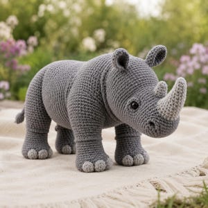 Op de afbeelding: Een grijs gehaakt neushoornspeeltje met een textuur van garen, twee puntige oren, een prominente hoorn op de snuit en kleine ronde voetjes. Het knuffeldier heeft donkere, ronde ogen en is gemaakt met een dicht, uniform steekpatroon.