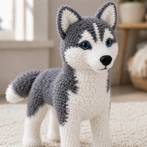 May include: A crocheted husky dog plush toy featuring a gray and white yarn pattern. The stuffed animal has pointed ears, a white muzzle, a black nose, and bright blue plastic eyes. The body is covered in a textured knit stitch pattern.