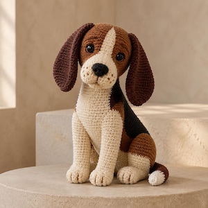 Può includere: Un cane beagle all'uncinetto con un motivo tricolore in filato marrone, nero e crema. Il peluche presenta lunghe orecchie testurizzate, occhi in plastica scura, un naso nero e una striscia bianca che corre dalla fronte fino al petto.