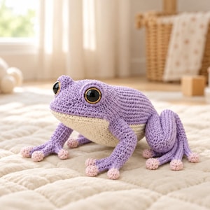 Könnte beinhalten: Ein handgefertigtes Häkel-Froschspielzeug mit einem strukturierten lavendelfarbenen Körper und einem cremefarbenen Bauch. Der Frosch hat große, glänzende schwarze Augen mit goldfarbenen Rändern und kleine, hellrosa abgerundete Zehenspitzen.