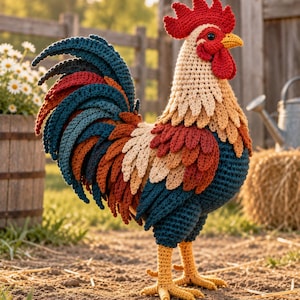 May include: A handcrafted crochet cockerel featuring a vibrant plumage of deep blue, rust orange, and cream yarn. The figure has a bright red comb and wattle, a yellow beak, and textured, layered feathers that create a realistic, three-dimensional appearance.